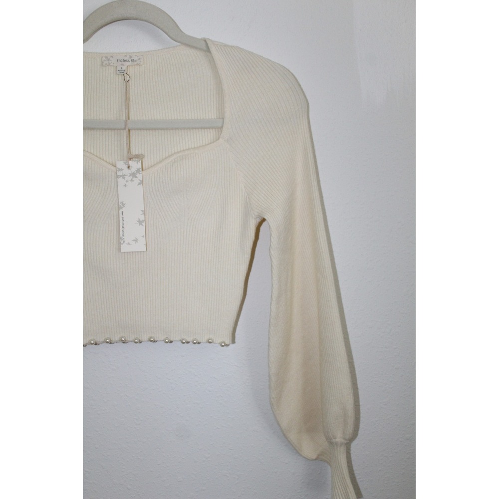 Endless Blu Womens Cream Pearl Hem Ribbed Knit Balloon Sleeve Crop Sweater S NWT - Picture 2 of 8